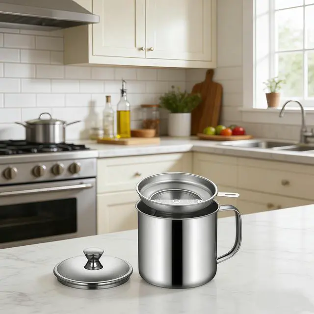Alt view image 7 of 7 - Bacon Grease Container Saver, 34oz Stainless Steel Cooking Oil Storage Can for Kitchen