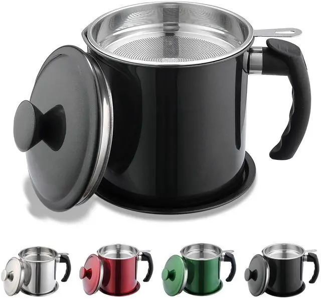 Main image of Black Bacon Grease Container With Strainer, 48 oz Black Coating Stainless Steel Oil Container, Pot Fat Storage With Lid, Easy Grip Handle Suitable For Storing Frying Oil And Cooking Grease