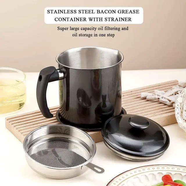Alt view image 3 of 7 - Black Bacon Grease Container With Strainer, 48 oz Black Coating Stainless Steel Oil Container, Pot Fat Storage With Lid, Easy Grip Handle Suitable For Storing Frying Oil And Cooking Grease