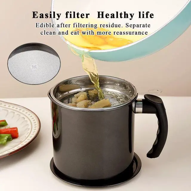 Alt view image 4 of 7 - Black Bacon Grease Container With Strainer, 48 oz Black Coating Stainless Steel Oil Container, Pot Fat Storage With Lid, Easy Grip Handle Suitable For Storing Frying Oil And Cooking Grease