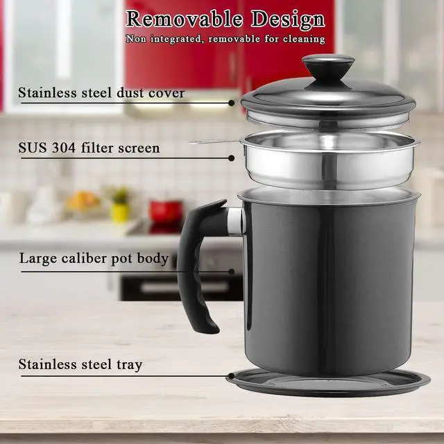 Alt view image 5 of 7 - Black Bacon Grease Container With Strainer, 48 oz Black Coating Stainless Steel Oil Container, Pot Fat Storage With Lid, Easy Grip Handle Suitable For Storing Frying Oil And Cooking Grease