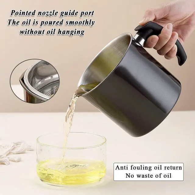 Alt view image 6 of 7 - Black Bacon Grease Container With Strainer, 48 oz Black Coating Stainless Steel Oil Container, Pot Fat Storage With Lid, Easy Grip Handle Suitable For Storing Frying Oil And Cooking Grease