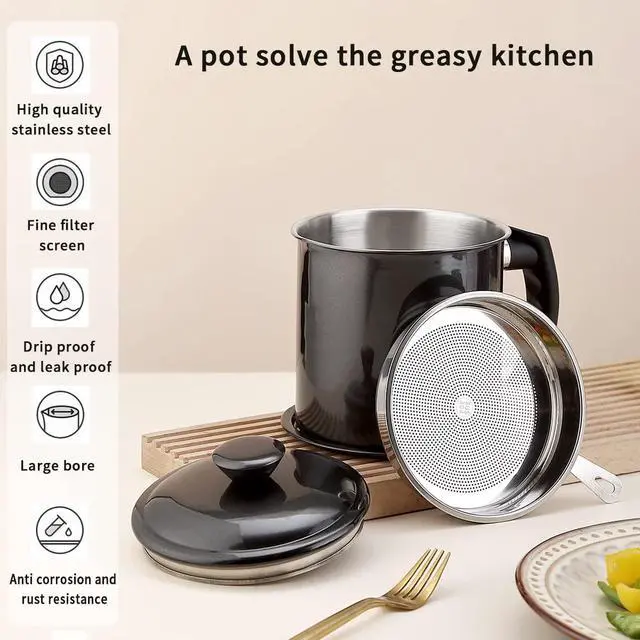 Alt view image 7 of 7 - Black Bacon Grease Container With Strainer, 48 oz Black Coating Stainless Steel Oil Container, Pot Fat Storage With Lid, Easy Grip Handle Suitable For Storing Frying Oil And Cooking Grease