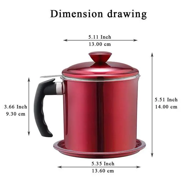 Alt view image 2 of 7 - Bacon Grease Container With Strainer, 48 oz Metal Shining Red Stainless Steel Oil Container, Pot Fat Storage With Lid, Easy Grip Handle Suitable For Storing Frying Oil And Cooking Grease