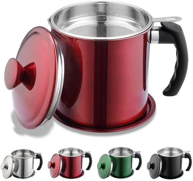 Main image of Bacon Grease Container With Strainer, 48 oz Metal Shining Red Stainless Steel Oil Container, Pot Fat Storage With Lid, Easy Grip Handle Suitable For Storing Frying Oil And Cooking Grease