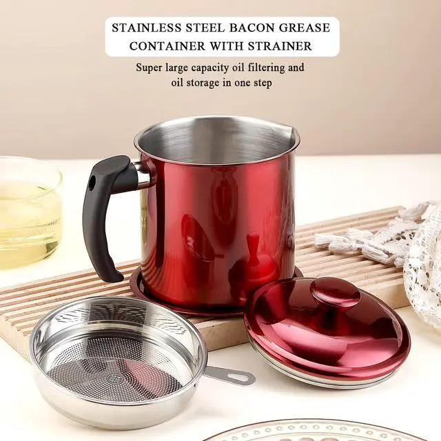 Alt view image 3 of 7 - Bacon Grease Container With Strainer, 48 oz Metal Shining Red Stainless Steel Oil Container, Pot Fat Storage With Lid, Easy Grip Handle Suitable For Storing Frying Oil And Cooking Grease