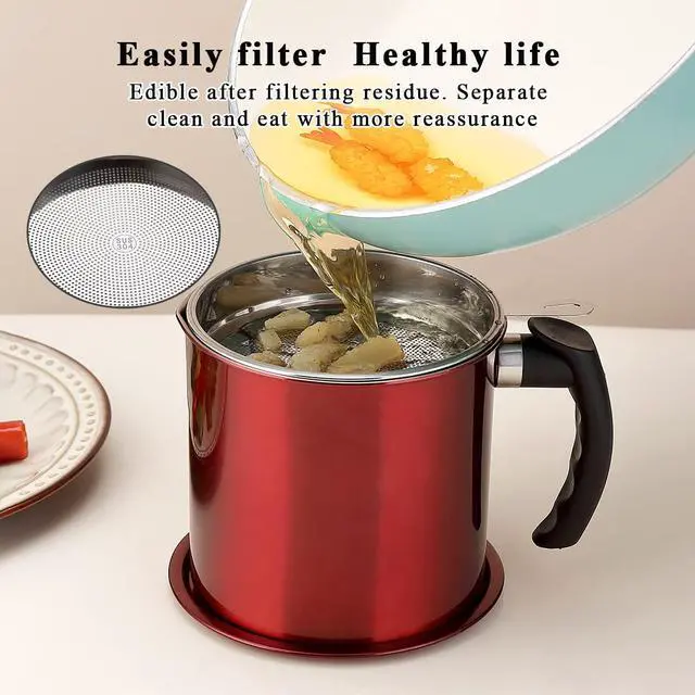 Alt view image 4 of 7 - Bacon Grease Container With Strainer, 48 oz Metal Shining Red Stainless Steel Oil Container, Pot Fat Storage With Lid, Easy Grip Handle Suitable For Storing Frying Oil And Cooking Grease