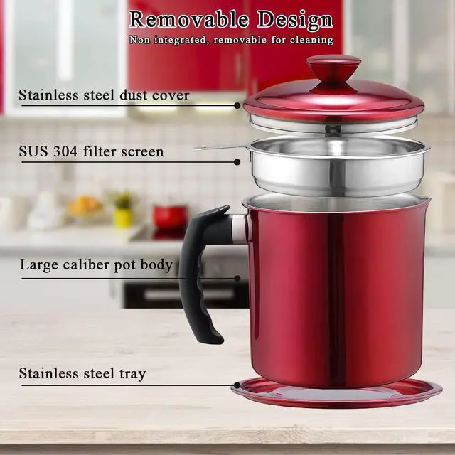 Alt view image 5 of 7 - Bacon Grease Container With Strainer, 48 oz Metal Shining Red Stainless Steel Oil Container, Pot Fat Storage With Lid, Easy Grip Handle Suitable For Storing Frying Oil And Cooking Grease