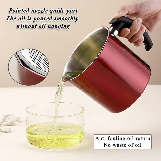 Alt view image 6 of 7 - Bacon Grease Container With Strainer, 48 oz Metal Shining Red Stainless Steel Oil Container, Pot Fat Storage With Lid, Easy Grip Handle Suitable For Storing Frying Oil And Cooking Grease