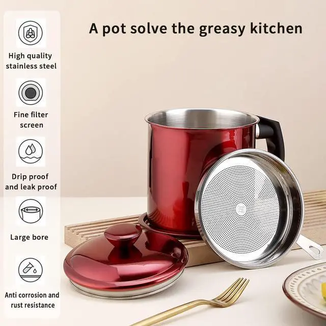 Alt view image 7 of 7 - Bacon Grease Container With Strainer, 48 oz Metal Shining Red Stainless Steel Oil Container, Pot Fat Storage With Lid, Easy Grip Handle Suitable For Storing Frying Oil And Cooking Grease