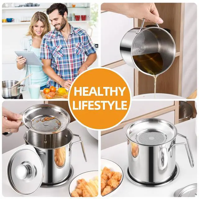 Alt view image 2 of 7 - Bacon Grease Container,1.8L / 61fl oz Cooking Oil Storage Strainer