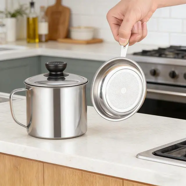 Alt view image 2 of 7 - Bacon Grease Container Saver with Strainer, 34oz Stainless Steel Cooking Oil Storage Can