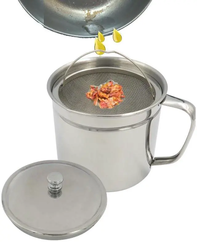 Main image of Cooking Oil Storage Can-Bacon Grease Keeper-Stainless Mesh Strainer-Easy Grip Handle-Large 5 Cup Fat Storage