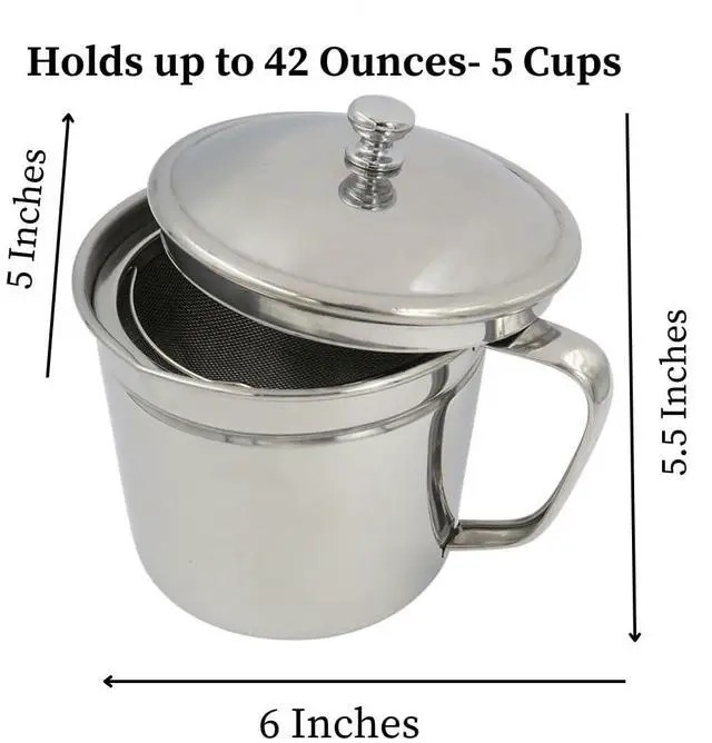 Alt view image 2 of 7 - Cooking Oil Storage Can-Bacon Grease Keeper-Stainless Mesh Strainer-Easy Grip Handle-Large 5 Cup Fat Storage