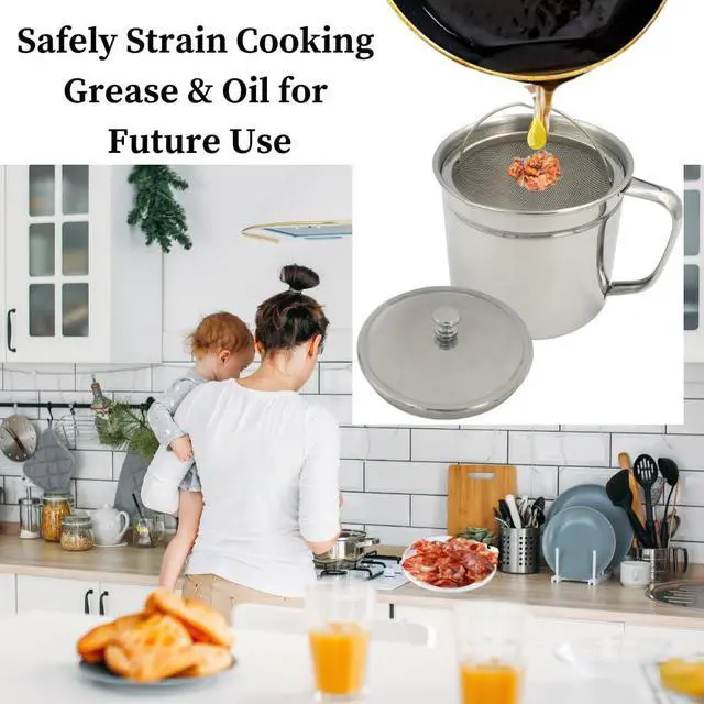 Alt view image 3 of 7 - Cooking Oil Storage Can-Bacon Grease Keeper-Stainless Mesh Strainer-Easy Grip Handle-Large 5 Cup Fat Storage