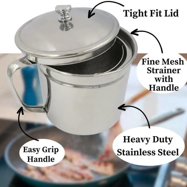 Alt view image 5 of 7 - Cooking Oil Storage Can-Bacon Grease Keeper-Stainless Mesh Strainer-Easy Grip Handle-Large 5 Cup Fat Storage
