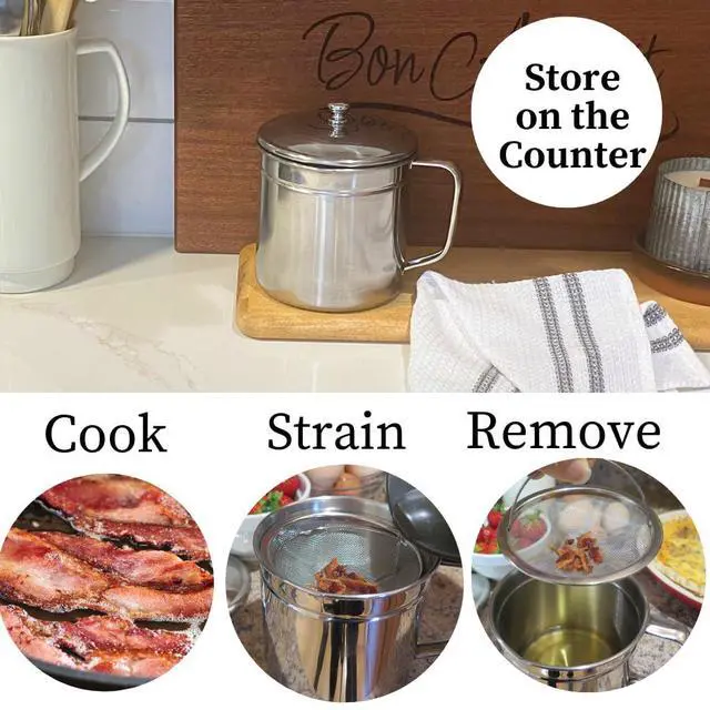 Alt view image 6 of 7 - Cooking Oil Storage Can-Bacon Grease Keeper-Stainless Mesh Strainer-Easy Grip Handle-Large 5 Cup Fat Storage