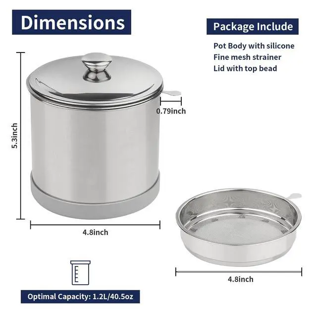 Alt view image 2 of 7 - 1.2L Bacon Grease Container with Fine Mesh Strainer