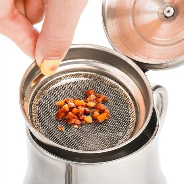 Alt view image 4 of 7 - 2 Pack Bacon Grease Container with Mesh Strainer, 27oz 22oz Stainless Steel Oil Storage Pot for Storing Frying Oil and Cooking Grease