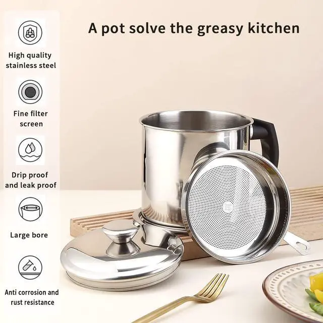 Alt view image 7 of 7 - Bacon Grease Container With Strainer, 48 oz Stainless Steel Oil Container, Pot Fat Storage With Lid, Easy Grip Handle Suitable For Storing Frying Oil And Cooking Grease 1. Silver