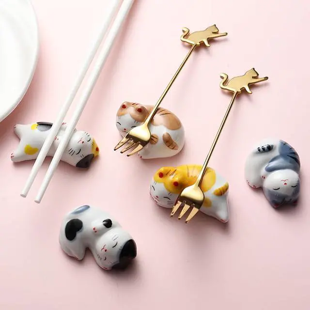 Alt view image 2 of 7 - Cute Lazy Cat Ceramic Chopstick Rest 5Pcs Multi Colors, Japanese Animal Series Table Decor, Spoon Fork Holder Gift Chopstick Rest for Home Hotel Table Setting