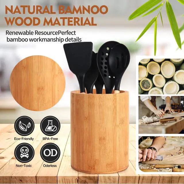 Alt view image 5 of 7 - Bamboo Utensil Holder, Large Utensil Holders for Kitchen Counter, Bamboo Spoon and Chopstick Holder for Kitchen Decor, Flatware and Spatula Storage Organizer, for Countertop, Pantry and Bathroom