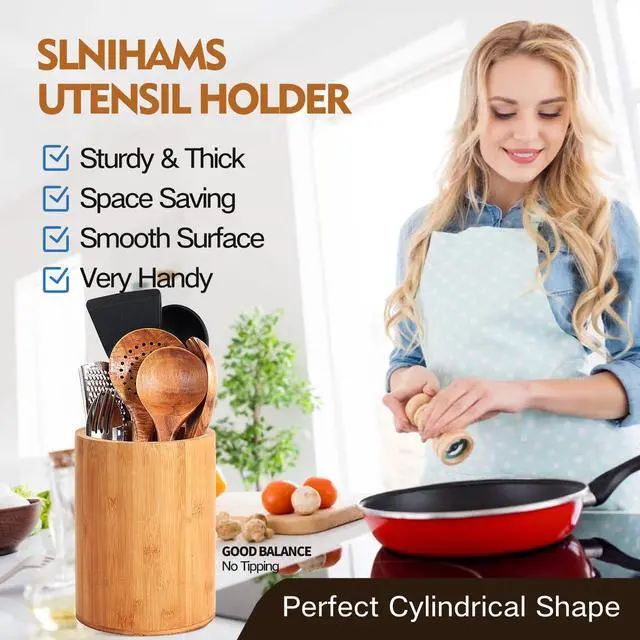 Alt view image 3 of 7 - Bamboo Utensil Holder, Large Utensil Holders for Kitchen Counter, Bamboo Spoon and Chopstick Holder for Kitchen Decor, Flatware and Spatula Storage Organizer, for Countertop, Pantry and Bathroom