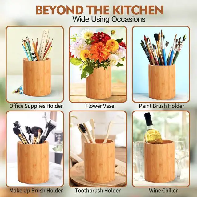 Alt view image 7 of 7 - Bamboo Utensil Holder, Large Utensil Holders for Kitchen Counter, Bamboo Spoon and Chopstick Holder for Kitchen Decor, Flatware and Spatula Storage Organizer, for Countertop, Pantry and Bathroom