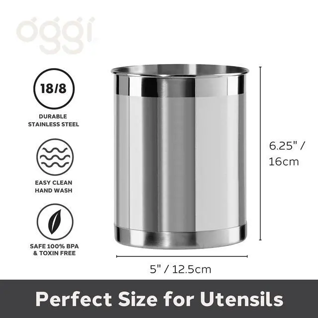 Alt view image 4 of 7 - Stainless Steel Utensil Holder - 5" Diameter, Utensil Caddy, Weighted Base for Stability - Larger-Sized Utensil Crock and Countertop Utensil Organizer, Stainless Steel
