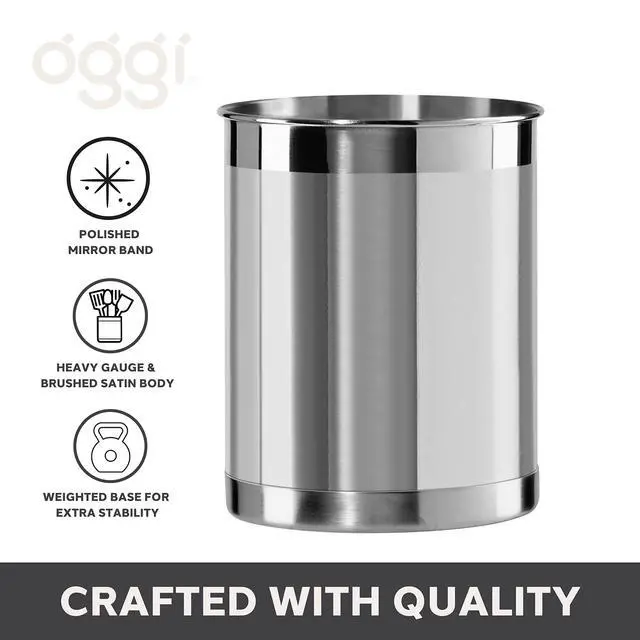 Alt view image 3 of 7 - Stainless Steel Utensil Holder - 5" Diameter, Utensil Caddy, Weighted Base for Stability - Larger-Sized Utensil Crock and Countertop Utensil Organizer, Stainless Steel
