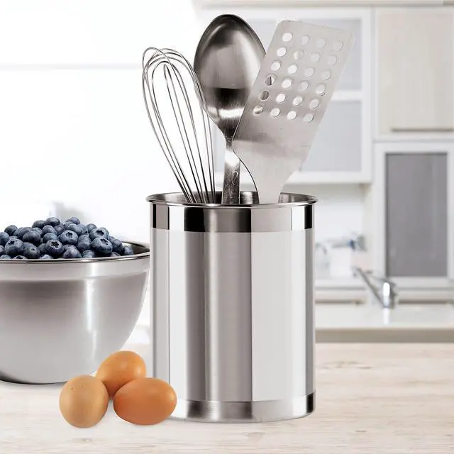 Alt view image 5 of 7 - Stainless Steel Utensil Holder - 5" Diameter, Utensil Caddy, Weighted Base for Stability - Larger-Sized Utensil Crock and Countertop Utensil Organizer, Stainless Steel