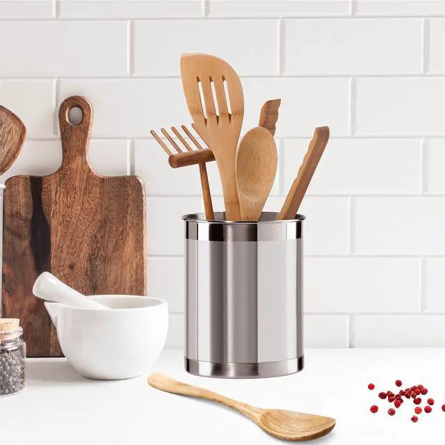 Alt view image 6 of 7 - Stainless Steel Utensil Holder - 5" Diameter, Utensil Caddy, Weighted Base for Stability - Larger-Sized Utensil Crock and Countertop Utensil Organizer, Stainless Steel