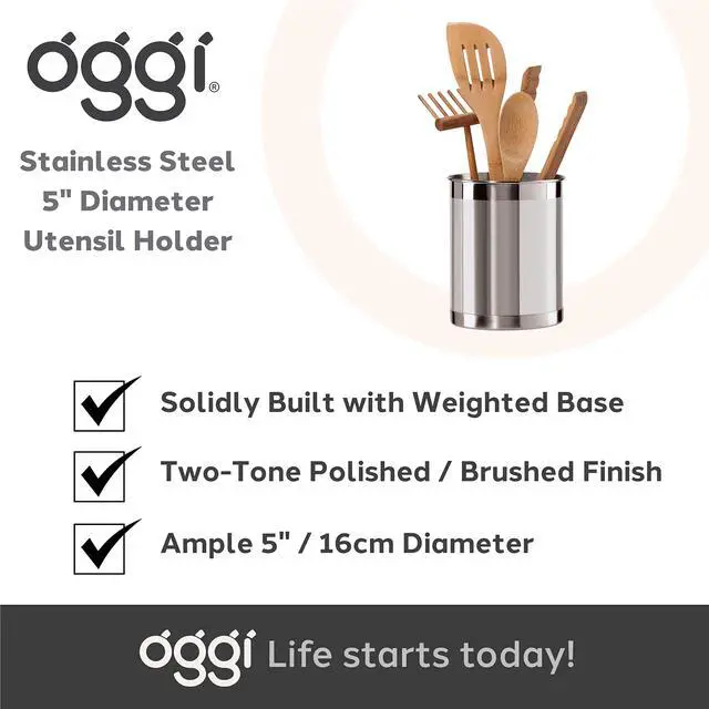 Alt view image 7 of 7 - Stainless Steel Utensil Holder - 5" Diameter, Utensil Caddy, Weighted Base for Stability - Larger-Sized Utensil Crock and Countertop Utensil Organizer, Stainless Steel