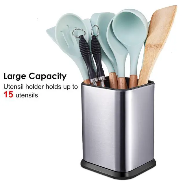 Alt view image 2 of 6 - Stainless Steel Kitchen Utensil Holder for Countertop, Spoon Spatula Organizer,Modern Rectangular Large Cooking Utensil Caddy Counter,Utensil Crock Silver