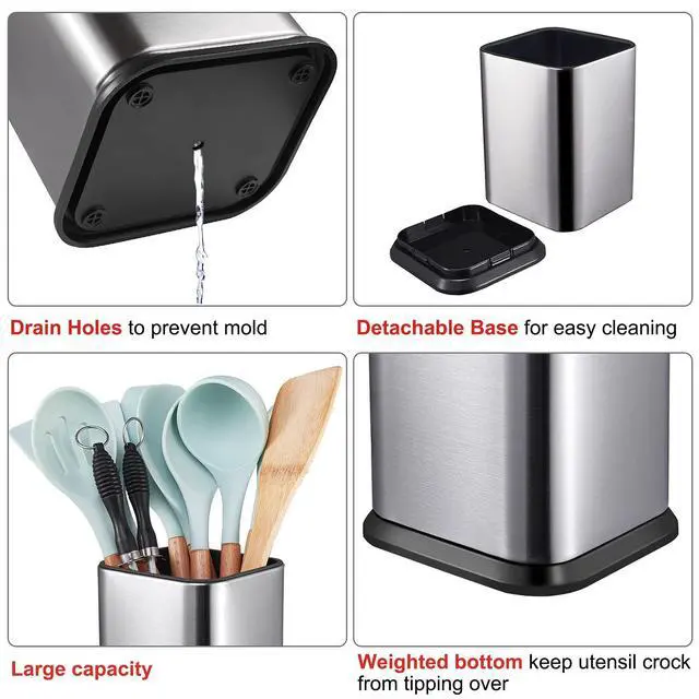 Alt view image 3 of 6 - Stainless Steel Kitchen Utensil Holder for Countertop, Spoon Spatula Organizer,Modern Rectangular Large Cooking Utensil Caddy Counter,Utensil Crock Silver
