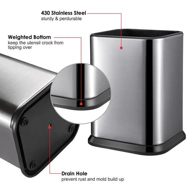 Alt view image 4 of 6 - Stainless Steel Kitchen Utensil Holder for Countertop, Spoon Spatula Organizer,Modern Rectangular Large Cooking Utensil Caddy Counter,Utensil Crock Silver