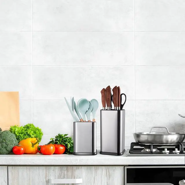 Alt view image 6 of 6 - Stainless Steel Kitchen Utensil Holder for Countertop, Spoon Spatula Organizer,Modern Rectangular Large Cooking Utensil Caddy Counter,Utensil Crock Silver