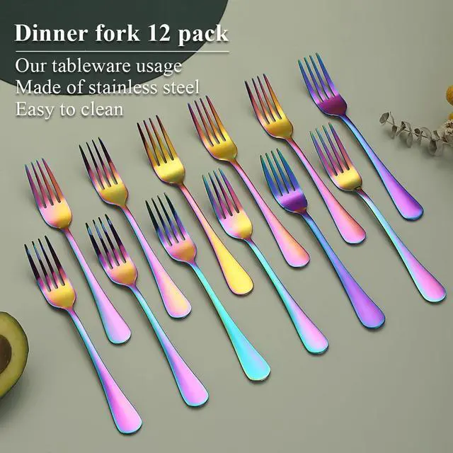 Alt view image 3 of 7 - Rainbow Dinner Fork 12 Pieces, Rainbow Titanium Plating Stainless Steel 8.07inch Forks, Cake Forks, Table Forks,Dessert Forks, Easy To Clean, Dishwasher Safe