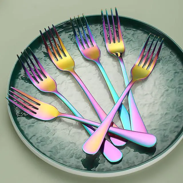 Alt view image 4 of 7 - Rainbow Dinner Fork 12 Pieces, Rainbow Titanium Plating Stainless Steel 8.07inch Forks, Cake Forks, Table Forks,Dessert Forks, Easy To Clean, Dishwasher Safe