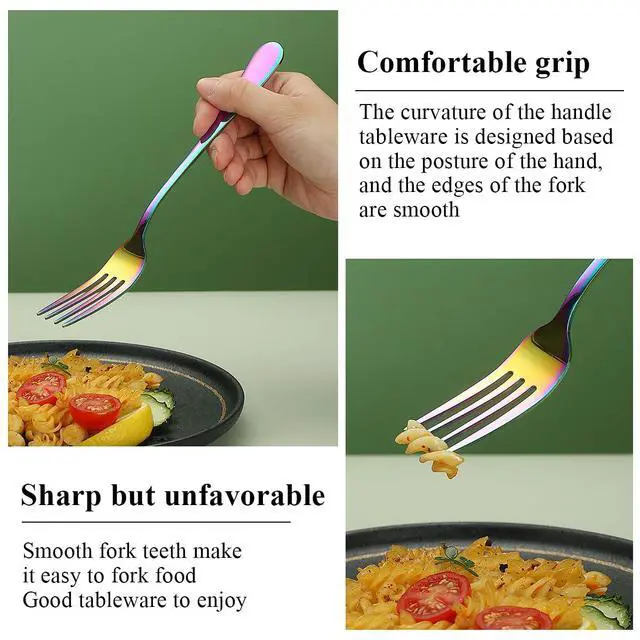 Alt view image 6 of 7 - Rainbow Dinner Fork 12 Pieces, Rainbow Titanium Plating Stainless Steel 8.07inch Forks, Cake Forks, Table Forks,Dessert Forks, Easy To Clean, Dishwasher Safe