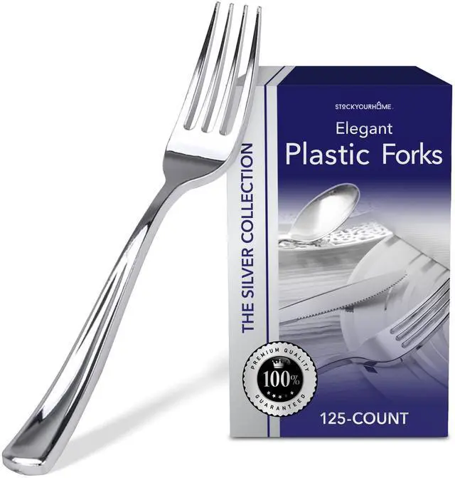 Main image of 125 Disposable Heavy Duty Plastic Forks, Fancy Plastic Silverware Looks Like Real Cutlery - Utensils Perfect for Catering Events, Restaurants, Parties and Weddings (Silver)