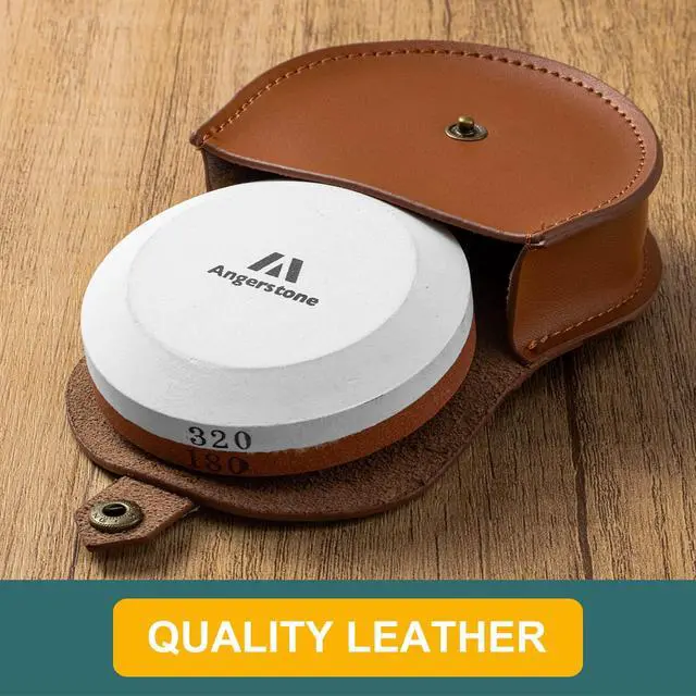 Alt view image 4 of 7 - Axe Sharpener - Multipurpose Axe/Hatchet Sharpening Stone - Whetstone Blade & Tool Sharpener, Dual Grit 180/320 Sharpening Puck with Leather Sheath