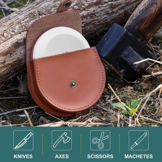 Alt view image 6 of 7 - Axe Sharpener - Multipurpose Axe/Hatchet Sharpening Stone - Whetstone Blade & Tool Sharpener, Dual Grit 180/320 Sharpening Puck with Leather Sheath