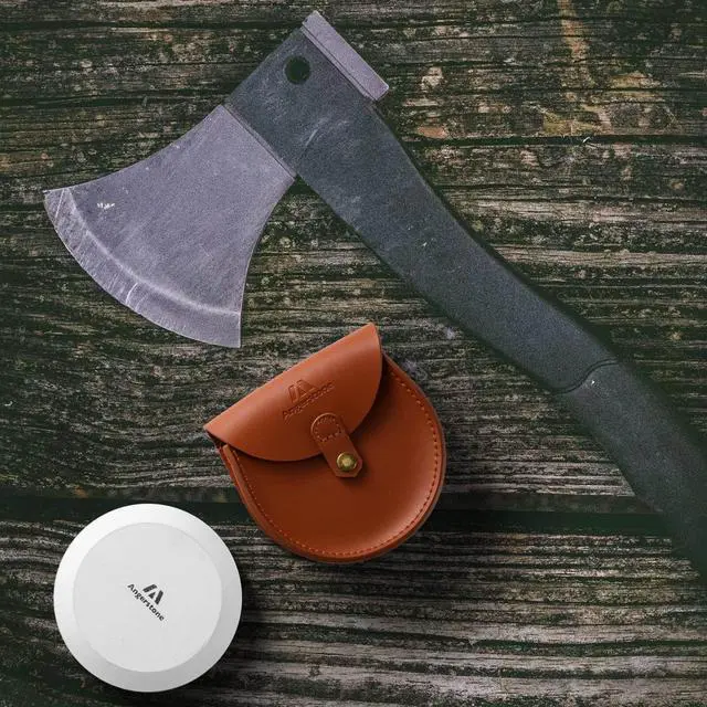 Alt view image 7 of 7 - Axe Sharpener - Multipurpose Axe/Hatchet Sharpening Stone - Whetstone Blade & Tool Sharpener, Dual Grit 180/320 Sharpening Puck with Leather Sheath