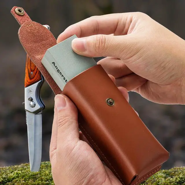 Alt view image 3 of 7 - Portable Whetstone Knife Sharpening Stone - Outdoor Hunting Knife Sharpener Stone Kit Dual Grit 400/1000 - Pocket Sharpening Stones for Knives with Cowhide Pouch for Bushcraft Camping Field