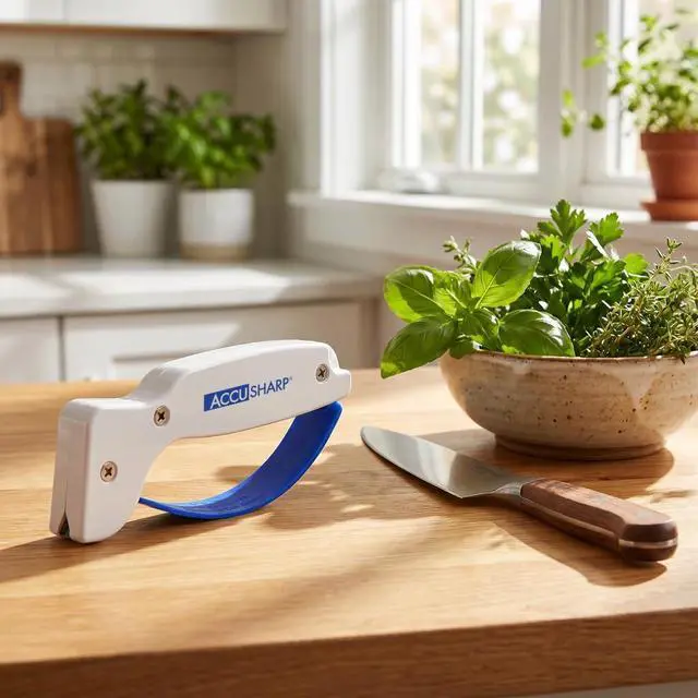 Alt view image 7 of 7 - Knife Sharpener, Ergonomic Comfortable Handle, Compact & Easy to Use, Restore and Hone Straight & Serrated Knives, White