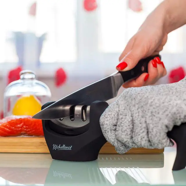 Alt view image 7 of 7 - 4-in-1 Kitchen Knife Accessories: 3-Stage Knife Sharpener Helps Repair, Restore, Polish Blades and Cut-Resistant Glove (Black)