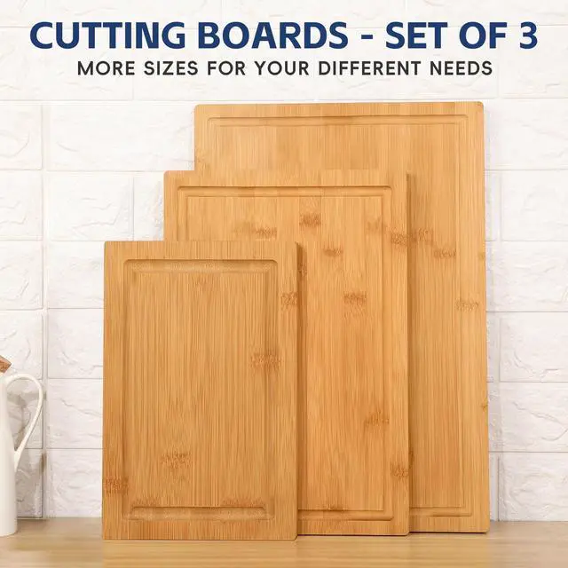 Alt view image 2 of 6 - 3-piece Bamboo Cutting Boards for Kitchen, Heavy Duty Bamboo Cutting Board with Juice Groove, Wood Cutting Board Set for Meat, Vegetables