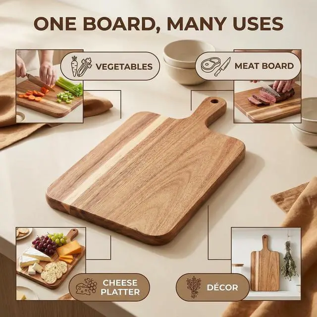 Alt view image 3 of 7 - Acacia Wood Cutting Board with Handle 13.7''X7'', Charcuterie Board, Serving Board for Cheese, Bread, Meat, Vegetables & Fruits, Natural Wooden Chopping Board for Kitchen