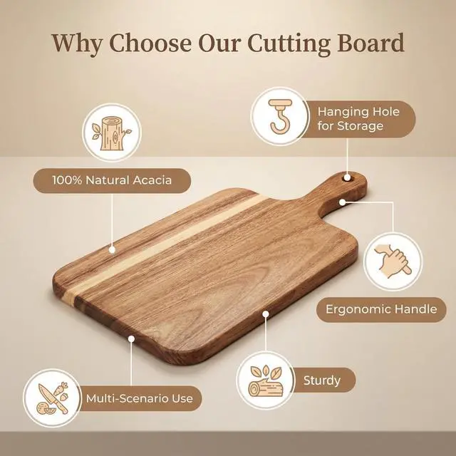 Alt view image 2 of 7 - Acacia Wood Cutting Board with Handle 13.7''X7'', Charcuterie Board, Serving Board for Cheese, Bread, Meat, Vegetables & Fruits, Natural Wooden Chopping Board for Kitchen